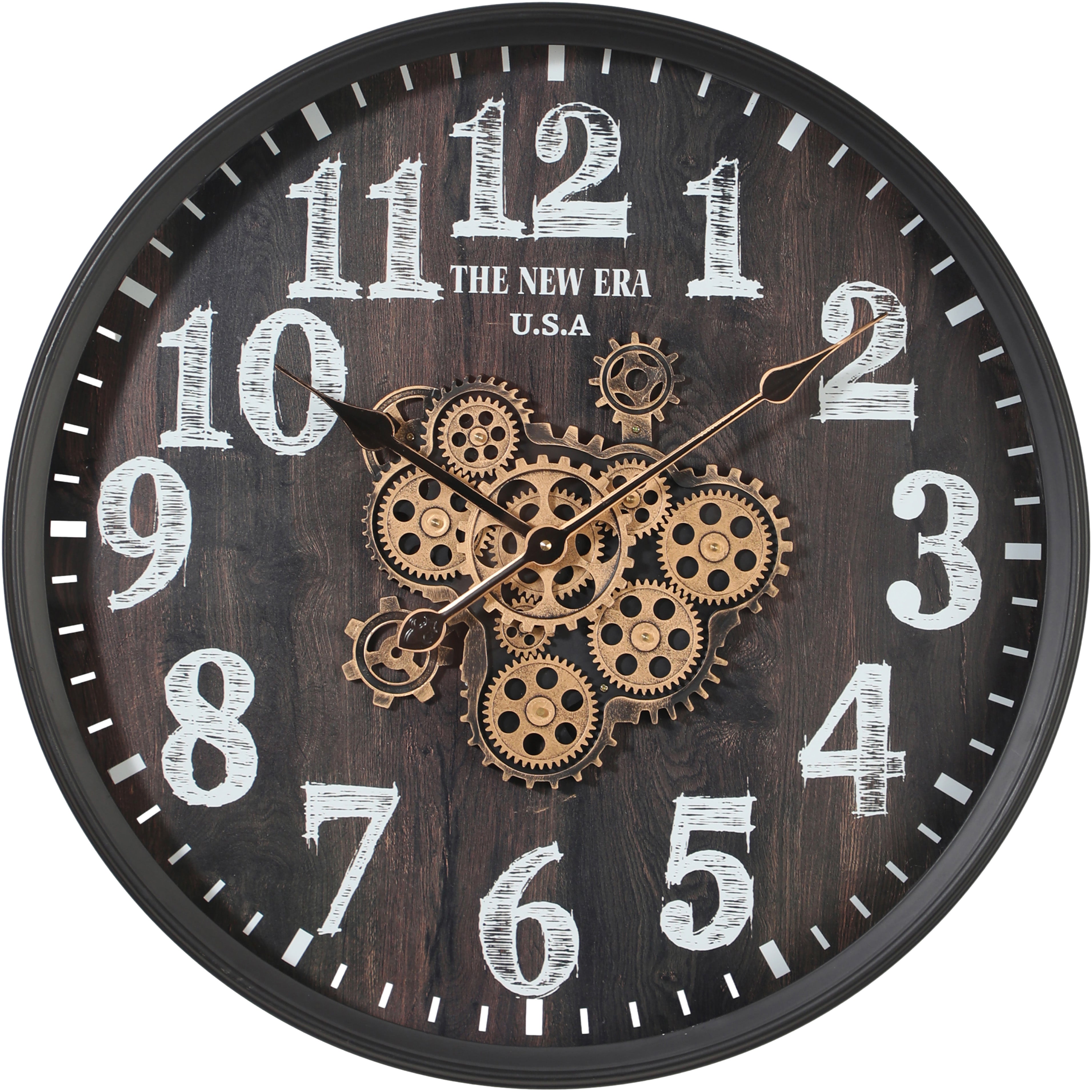 New Era Black Metal Weathered Wood Face Moving Gears Wall Clock