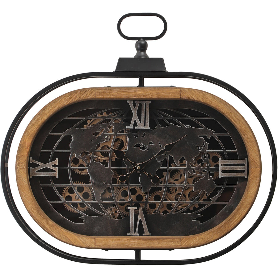 Chilli Decor Atlas Columbus Oval FOB Metal Wood Moving Gears Wall Clock 65cm TQ-E06 1