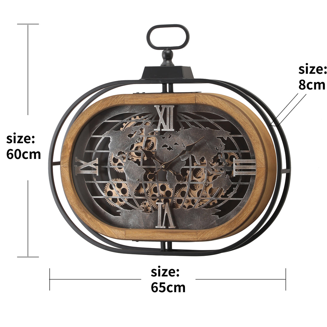 Chilli Decor Atlas Columbus Oval FOB Metal Wood Moving Gears Wall Clock 65cm TQ-E06 3