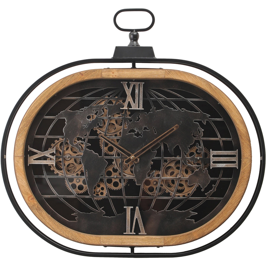 Chilli Decor Atlas Columbus Oval FOB Metal Wood Moving Gears Wall Clock 76cm TQ-E05 1