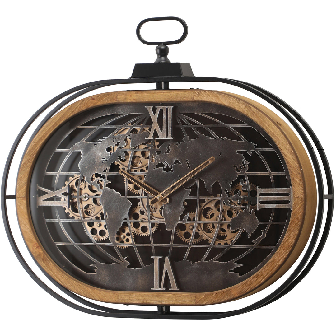 Chilli Decor Atlas Columbus Oval FOB Metal Wood Moving Gears Wall Clock 76cm TQ-E05 2