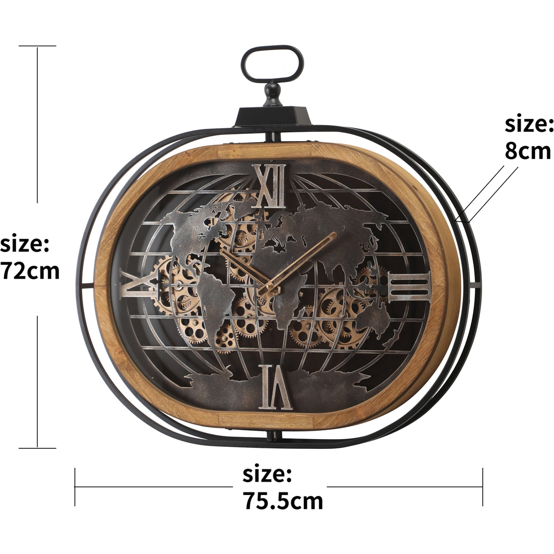 Chilli Decor Atlas Columbus Oval FOB Metal Wood Moving Gears Wall Clock 76cm TQ-E05 3