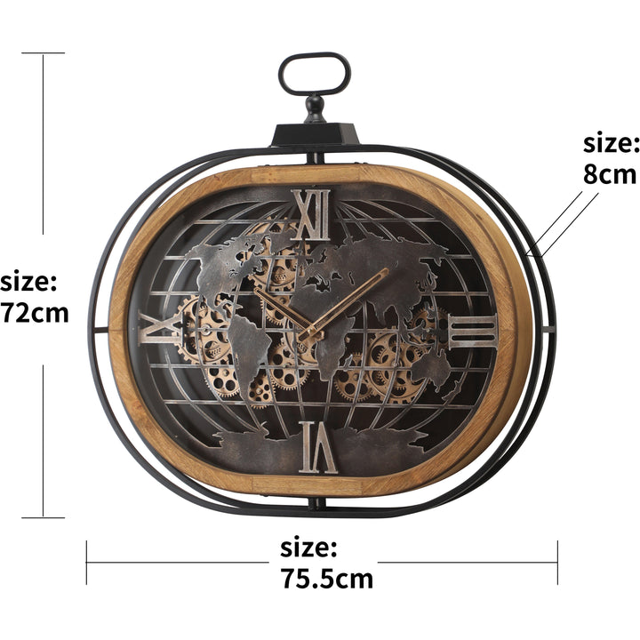 Chilli Decor Atlas Columbus Oval FOB Metal Wood Moving Gears Wall Clock 76cm TQ-E05 3