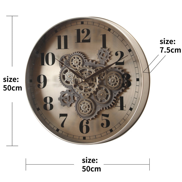 Chilli Decor Chesterfield Brushed Silver Metal Moving Gears Wall Clock 50cm TQ-E22 3