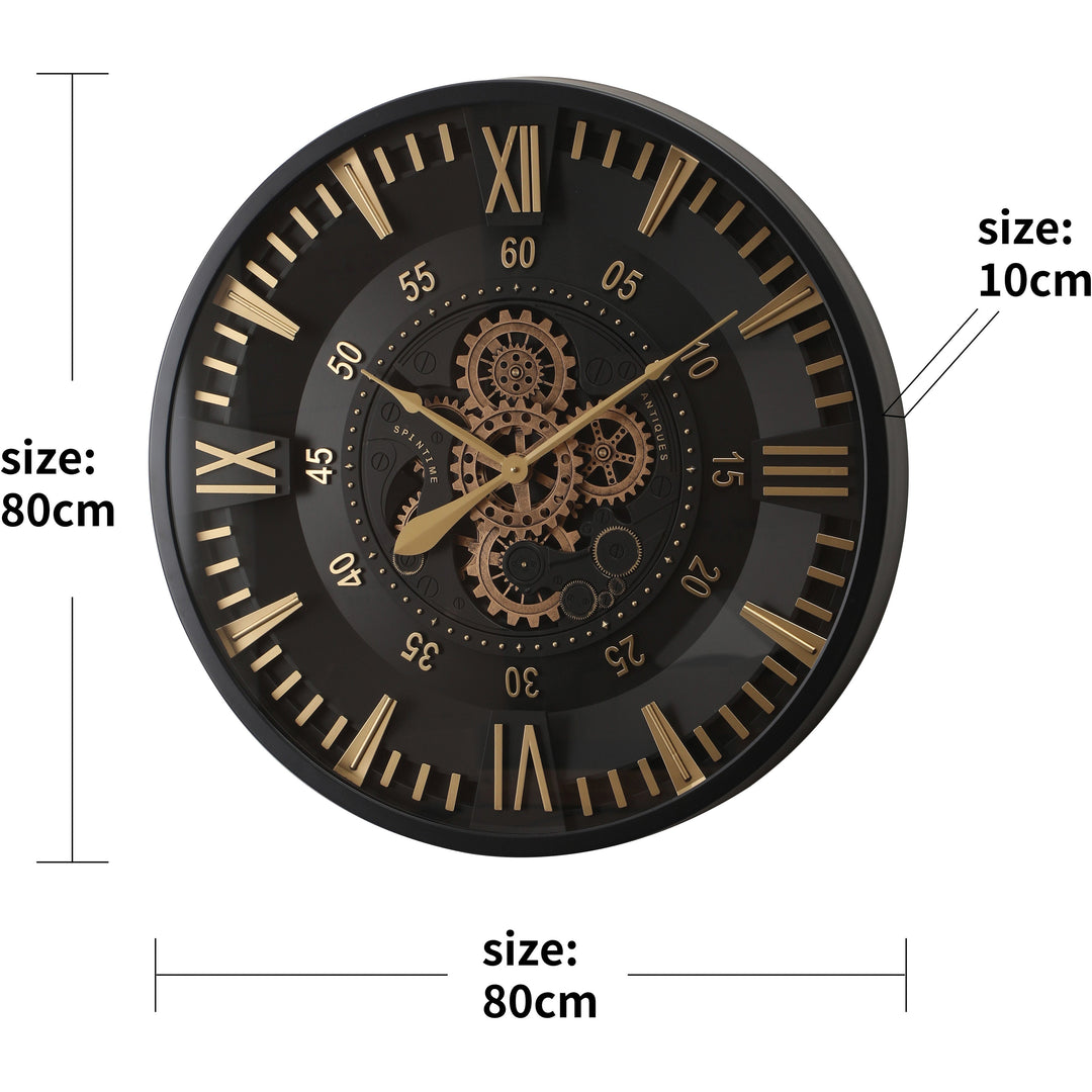 Chilli Decor El Dorado Black Gold Metal Moving Gears Wall Clock 80cm TQ-Y798 3