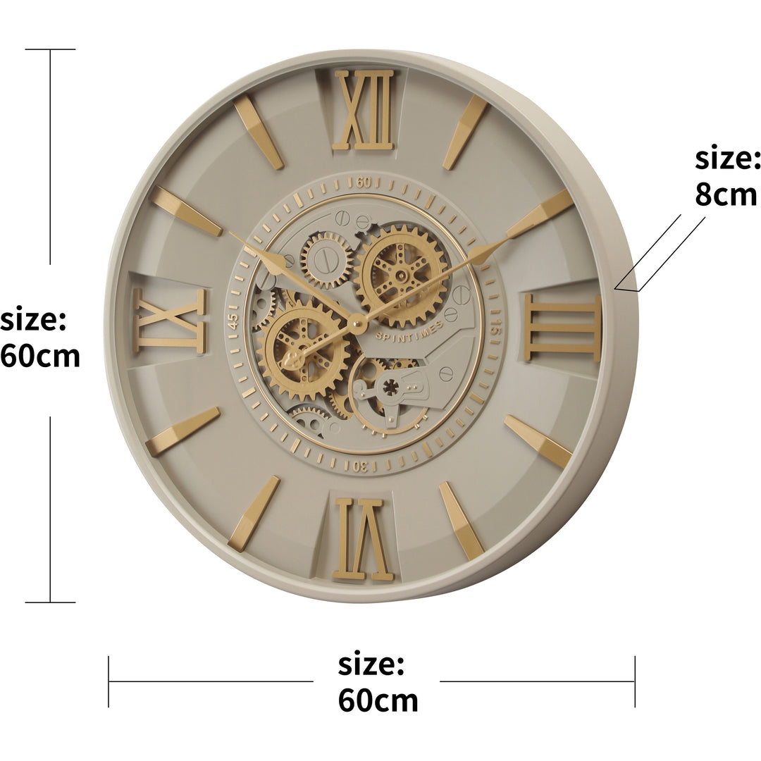 Chilli Decor Isabella Spintime Ivory Gold Metal Moving Gears Wall Clock 60cm TQ-Y779 3