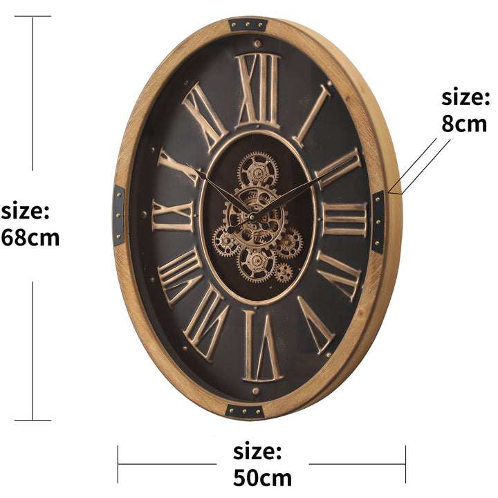 Chilli Decor Theo Oval Wooden Metal Moving Gears Wall Clock 68cm TQ-E07 3