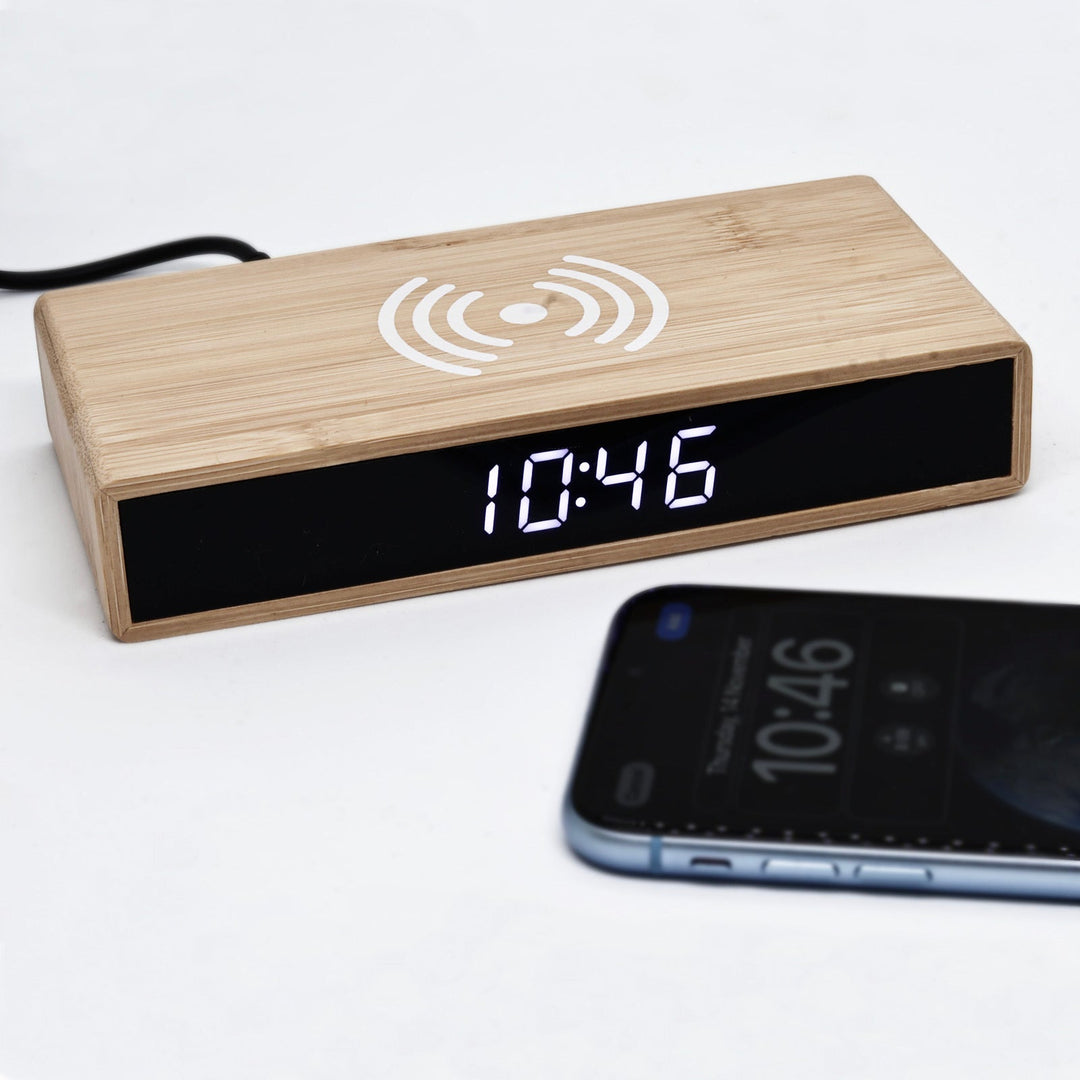 Jadco Bamboo LED Mains Powered Wireless Charging Alarm Clock 16cm EC-W037B 1