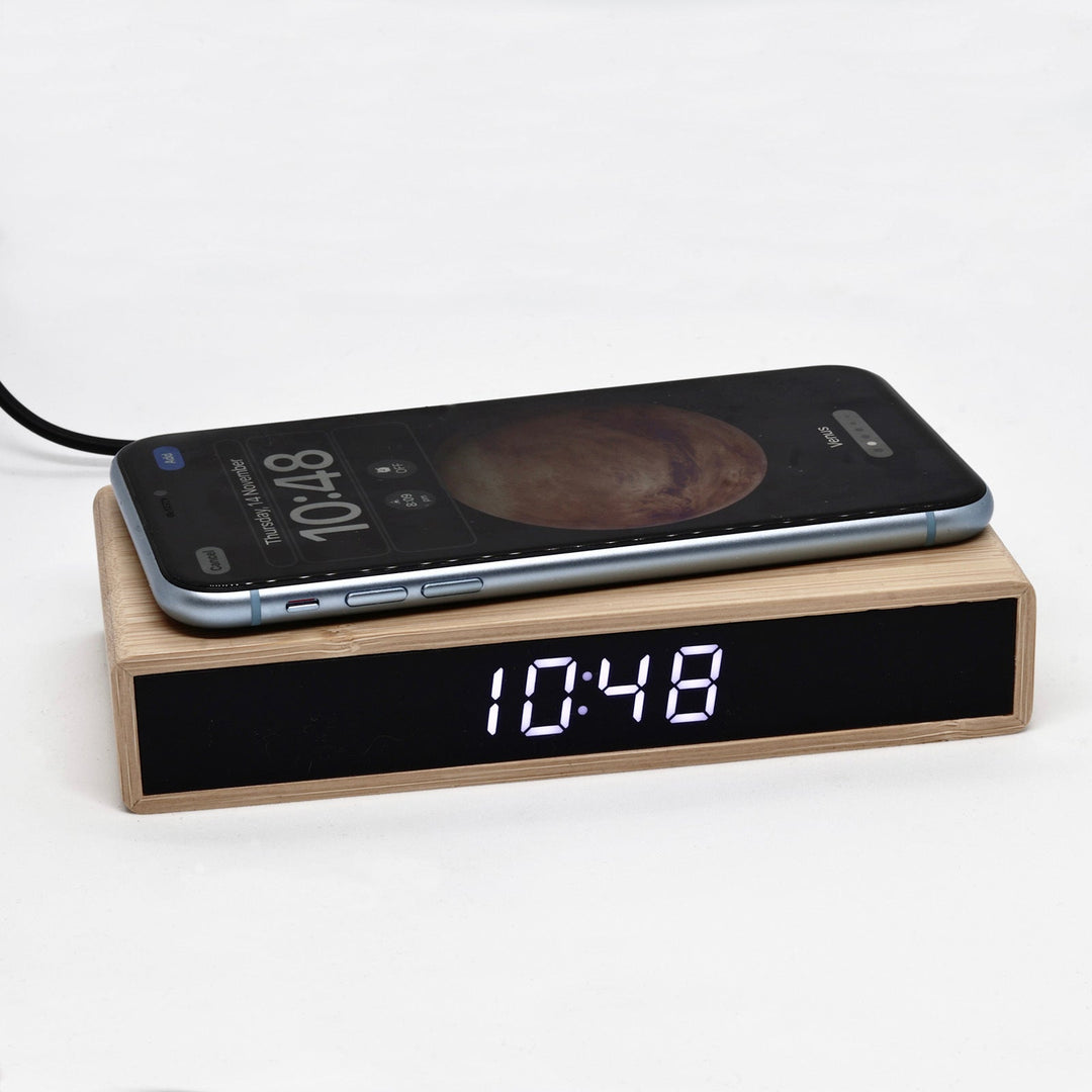 Jadco Bamboo LED Mains Powered Wireless Charging Alarm Clock 16cm EC-W037B 2