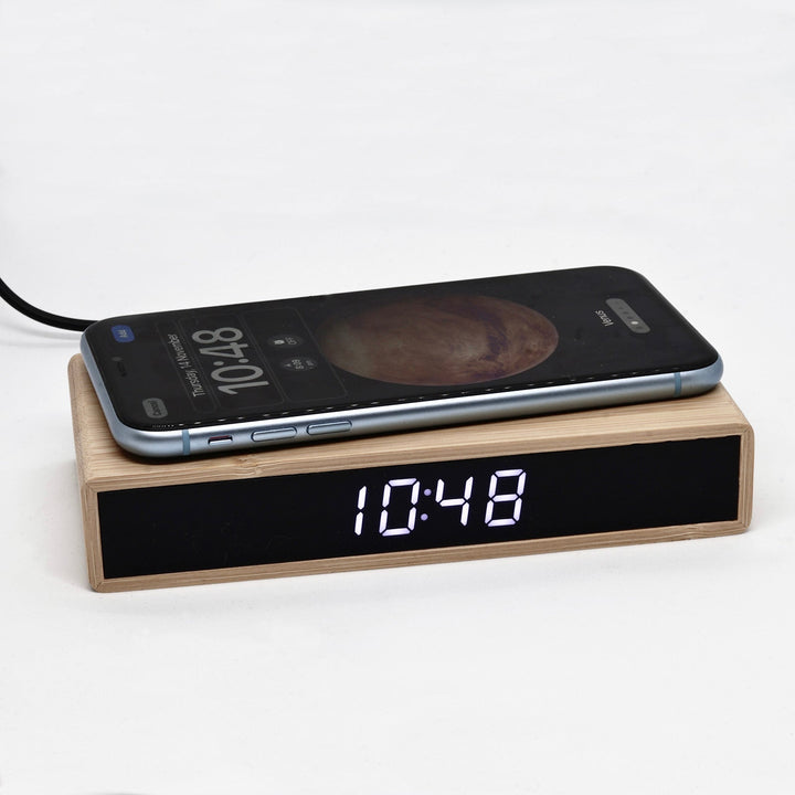 Jadco Bamboo LED Mains Powered Wireless Charging Alarm Clock 16cm EC-W037B 2