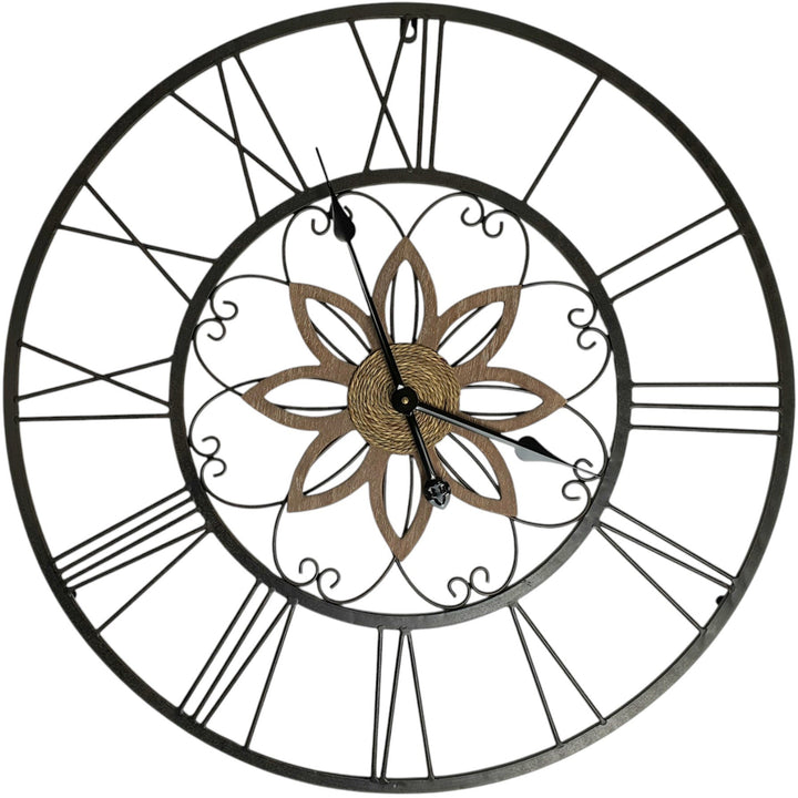 Koda Living Daisy Ornate Roman Skeleton Metal Timber Wall Clock 70cm KC5177 1