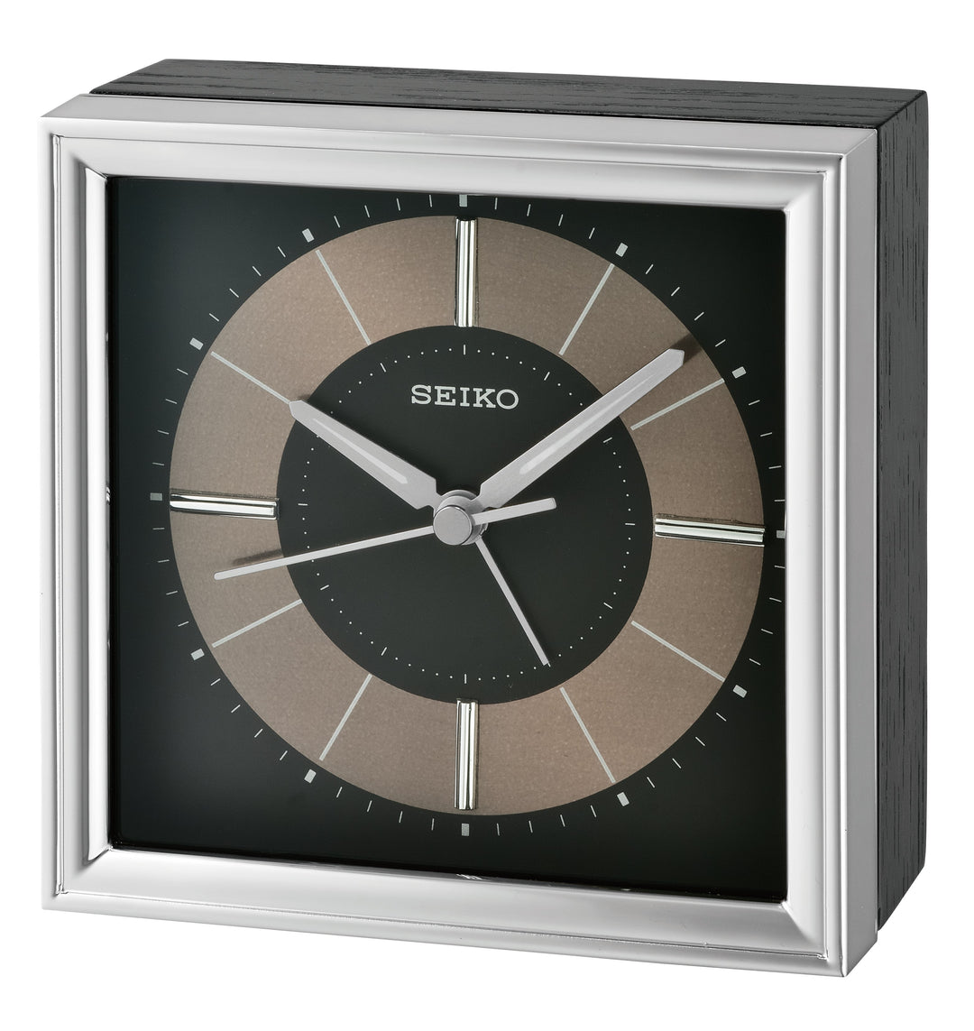 Seiko 3D Index Square Silver Rim Bedside Alarm Clock Black 11cm QXE061-S 1