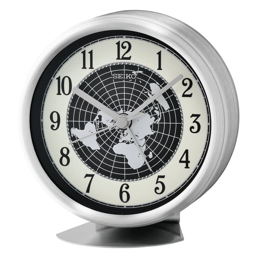 Seiko Gaia Aluminium World Map Luminous Alarm Clock Silver 11cm QXE067-S 1