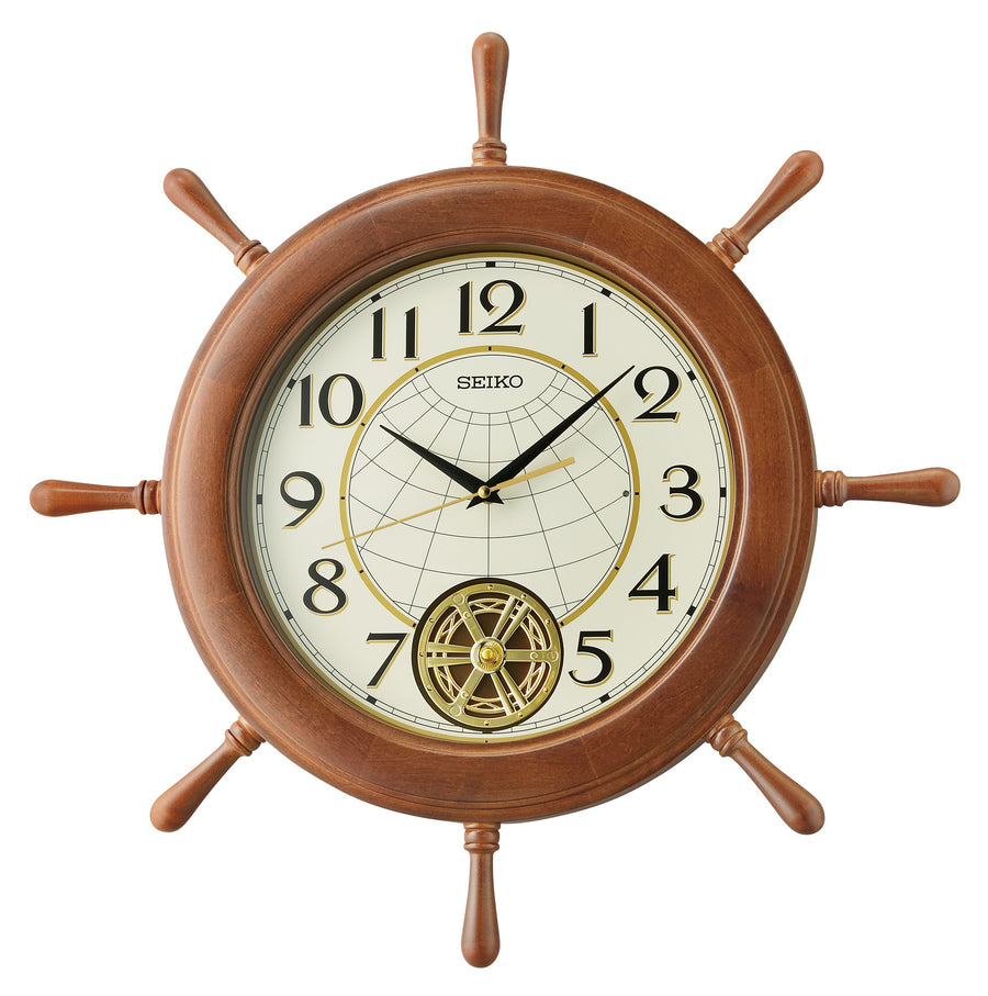 Seiko Ships Wheel Helm Rotating Pendulum Wall Clock Brown 57cm QXC242-B 1